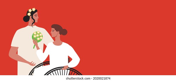 Boda lesbiana inclusiva, plantilla de espacio de copia. Ilustración de material vectorial plano. Novias lesbianas adultas. Derechos LGBTQ. Una persona discapacitada en silla de ruedas en una boda. Ilustración de superposición