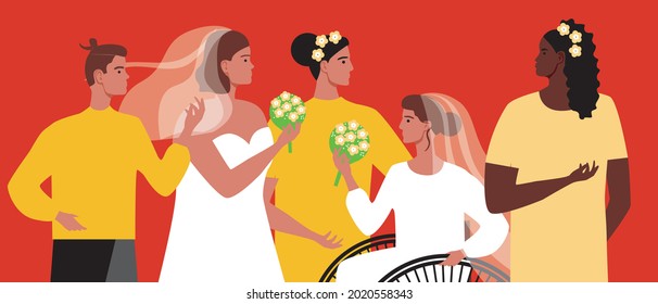 Inclusive lesbian wedding, guests of the ceremony. Flat vector stock illustration. Adult lesbian brides. LGBTQ rights. A disabled person in a wheelchair at a wedding. Vector graphics