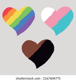 Inclusive LGBTQ+ Progress Pride Rainbow Flag In Heart Shapes With A Light Gray Background For Pride Month