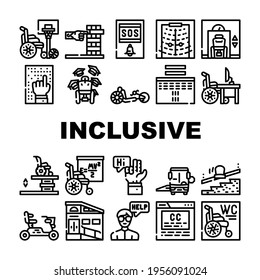 Inclusive Life Tool Collection Icons Set Vector. Graduation And Working Place, SportLife And Communication, Bus And Velomobile Inclusive Life Black Contour Illustrations