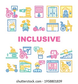 Inclusive Life Tool Collection Icons Set Vector. Graduation And Working Place, SportLife And Communication, Bus And Velomobile Inclusive Life Concept Linear Pictograms. Contour Color Illustrations