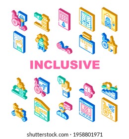 Inclusive Life Tool Collection Icons Set Vector. Graduation And Working Place, SportLife And Communication, Bus And Velomobile Inclusive Life Isometric Sign Color Illustrations