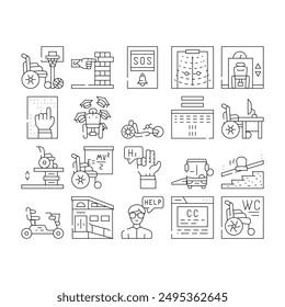 Inclusive Life Tool Collection Icons Set Vector. Graduation And Working Place, SportLife And Communication, Bus And Velomobile Inclusive Life Black Contour Illustrations