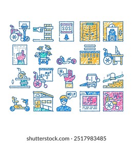 inclusive life tool doodle icons set vector. sketch line art graduation and working place, sportlife and communication, bus and velomobile inclusive life color illustrations