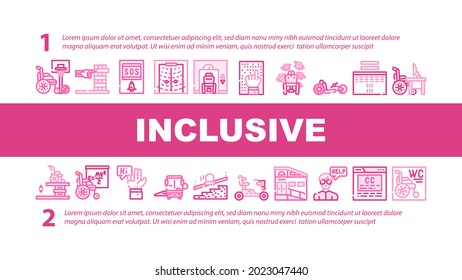 Inclusive Life Tool Landing Web Page Header Banner Template Vector. Graduation And Working Place, SportLife And Communication, Bus And Velomobile Inclusive Life Illustration