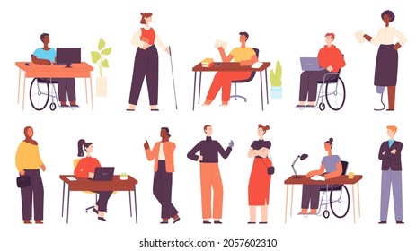 Inclusive multicultural office workers at workplace. Cartoon business people in wheelchair, disabled character at work. Diversity vector set. Employees having leg and arm prosthesis