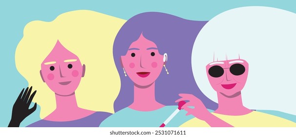 Inclusive natural disabled women with beautiful hair together as imperfect perfection concept, premium flat vector stock illustration