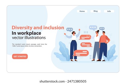 Inclusive office communication. Diverse team members engage in vibrant discussions, emphasizing unity and collaboration in a digital age. Exchange of ideas fostering growth. Flat vector illustration