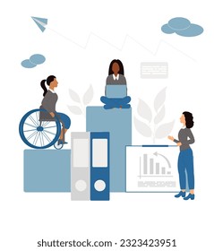 Inclusive office concept. Social diversity in the work team. Female office worker in a wheelchair. Equality, diversity and inclusion. Flat vector illustration. 