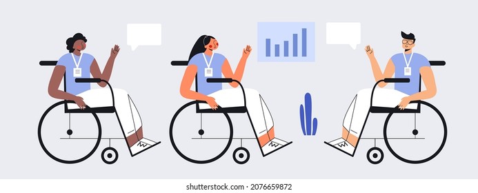 Inclusive office with group of young people with disability in wheelchair working on project. Social inclusion concept. Business conference, teamwork, conversation. Flat vector cartoon illustration