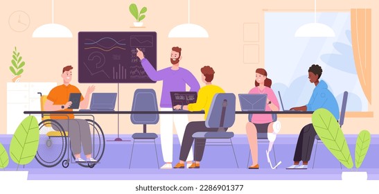 Inclusive office. Inclusion diversity equity workplace, diverse people team work communication, worker on wheelchair at job meeting handicap managing, vector illustration of office team inclusion