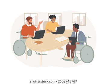 Inklusive Büro einzelne Cartoon-Vektorgrafiken. Gruppe von verschiedenen Menschen, die in einem intelligenten, inklusiven Büro arbeiten, moderner Arbeitsplatz für Behinderte, zugängliche Umwelt, Vektorgrafik.