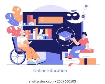 Inclusive online education concept. Disabled senior and young adult engaged in remote learning. Accessibility and diversity in e-learning. Vector illustration.