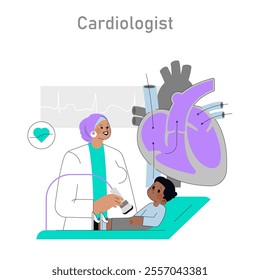 Inclusive Pediatric Cardiology Consultation concept. Child patient engages with a caring cardiologist beside a giant heart model. Education on heart health. Vector illustration.