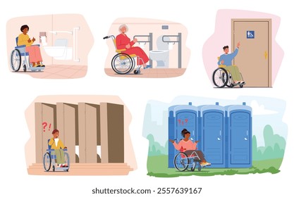 Inclusive people cartoon character in wheelchair using lavatory restroom with various services and condition. Friendly accessibility and problematic usage of WC for adults and children with disability