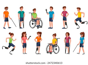 Personas inclusivas personajes Ilustración vectorial de dibujos animados. Jóvenes con diferentes tipos de discapacidad física. Concepto del Día Mundial de los Discapacitados. Personas de estilo plano en silla de ruedas, ciegas con prótesis.