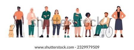 Inclusive People collection. Vector cartoon illustration in a flat style of a diverse group of people with different types of inclusiveness: LGBT, physical disability, religion, and age. 