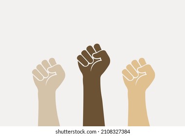 Inclusive, people of different races hands, tolerance, no to racism,  fists raised in the air simple vector illustration