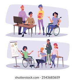 Pessoas inclusivas. Escritório pessoas com deficiência inclusive gerentes interior exato vetor personagens de desenhos animados