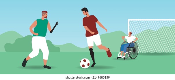 Inclusive people play football. Flat vector stock illustration. Disabled people with prosthesis and in wheelchair together as sports training