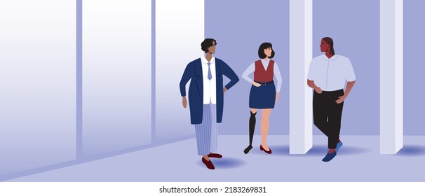 Inclusive people with prosthetic leg in office lobby, flat vector stock illustration as concept of Conferences and networking