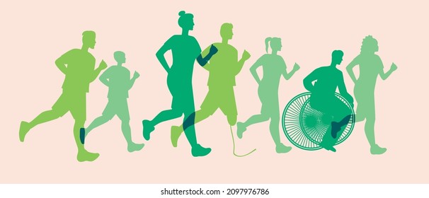 Inclusive people, running as a sport. Silhouette vector stock illustration. A person with a prosthesis, a disabled person in a wheelchair. Jogging like a sprint or marathon. Human inclusion concept