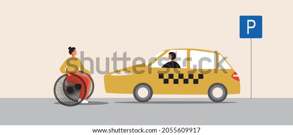 An inclusive person at\
the taxi. Flat vector stock illustration. Inclusive transport. Taxi\
car with woman driver. Inclusive person in a wheelchair. Vector\
graphics