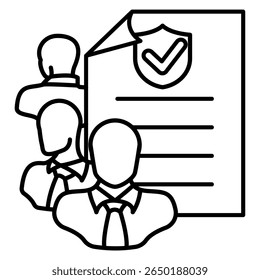 Inclusive Policies icon represented by employees, legal paper Line style.