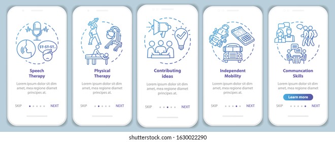 Inclusive program onboarding mobile app page screen with concepts. Therapy and inclusion in public life walkthrough five steps graphic instructions. UI vector template with RGB color illustrations