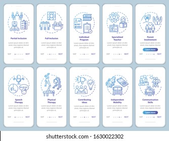 Inclusive program onboarding mobile app page screen with concepts set. Therapy and education for disabled people walkthrough steps graphic instructions. UI vector template with RGB color illustrations