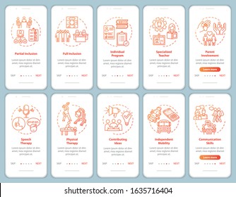 Inclusive program onboarding mobile app page screen with concepts set. Therapy and education for disabled people walkthrough steps graphic instructions. UI vector template with RGB color illustrations