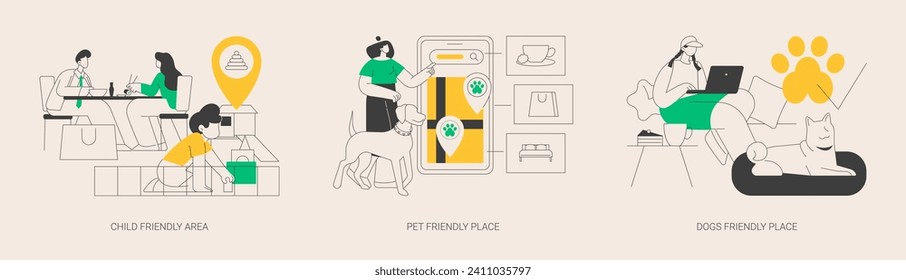 Inclusive public places abstract concept vector illustration set. Child area, pet friendly place, dog friendly restaurant, shopping center playground, welcome sign, free walking abstract metaphor.