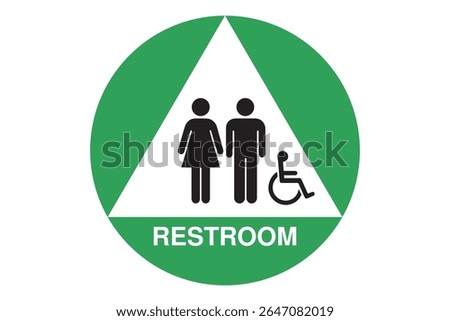 Inclusive Restroom Sign – Green Background with White Triangle and Accessibility Icons – High Quality Vectorial Stock Image