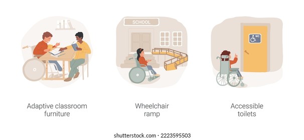 Inclusive school environment isolated cartoon vector illustration set. Adaptive classroom furniture, wheelchair ramp, accessible toilets, barrier free public education vector cartoon.