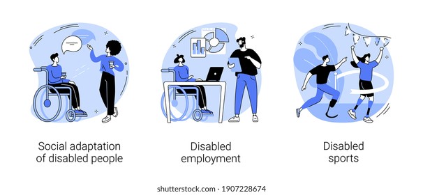 Inclusive social environment abstract concept vector illustration set. Social adaptation of disabled people, disabled employment, sports with physical disabilities, wheelchair abstract metaphor.