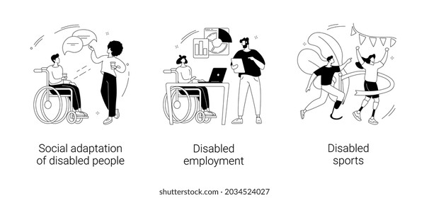 Inclusive social environment abstract concept vector illustration set. Social adaptation of disabled people, disabled employment, sports with physical disabilities, wheelchair abstract metaphor.