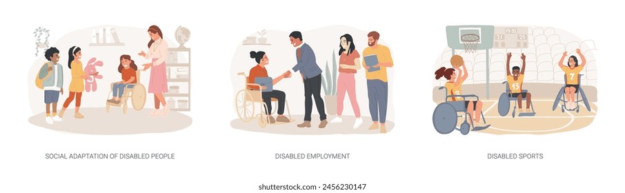 Conjunto de Ilustración vectorial de concepto aislado de entorno social inclusivo. Adaptación social de personas con discapacidad, empleo con discapacidad, deportes con discapacidad física, concepto de Vector en silla de ruedas.