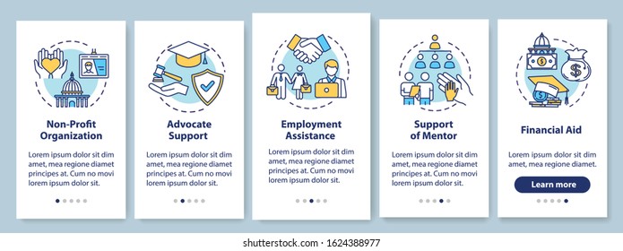 Inclusive society onboarding mobile app page screen with concepts. Social and financial support walkthrough five steps graphic instructions. UI vector template with RGB color illustrations