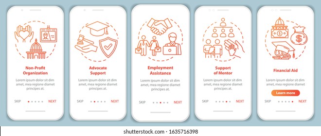 Inclusive society onboarding mobile app page screen with concepts. Social and financial support walkthrough five steps graphic instructions. UI vector template with RGB color illustrations