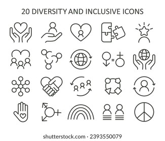 Inclusive society set. A collection of icons representing unity, equality, and support. Celebrating diversity, gender neutrality, and global solidarity. Flat vector illustration.