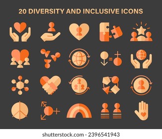 Inclusive society set. A collection of icons representing unity, equality, and support. Celebrating diversity, gender neutrality, and global solidarity. Flat vector illustration.