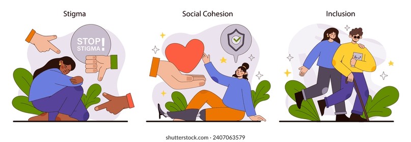 Conjunto de la sociedad inclusiva. Enfrentar el estigma, fomentar la cohesión social y fomentar la inclusión. Alentar un cambio social positivo con empatía y unidad. Ilustración vectorial plana.