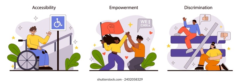 Inclusive Society set. Depicting supportive embrace, equal opportunities, and cultural diversity. Celebrating unity, global fairness, and varied abilities. Advocacy vector illustration.