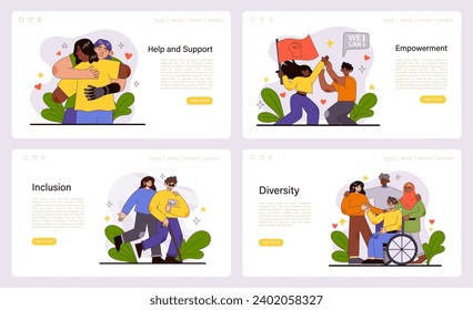 Conjunto de la sociedad inclusiva. Adoptar la diversidad mediante el apoyo, el empoderamiento y las medidas no excluyentes. Unidad en la comunidad, fuerza en la diversidad. Ilustración vectorial plana.