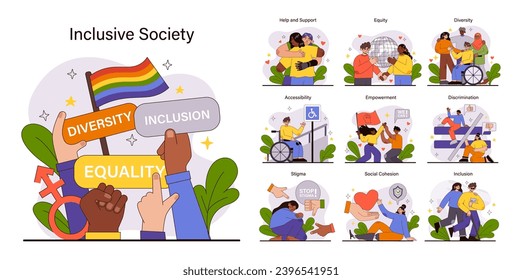 Inclusive Society set. Harmonious diversity and equality celebration. Unity in gender, race, and disability representation. Universal acceptance and solidarity themes. Flat vector illustration.