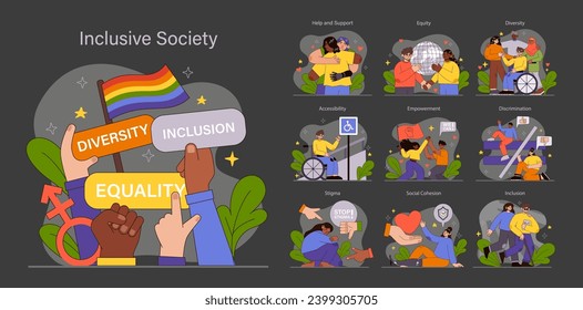 Inclusive Society set. Harmonious diversity and equality celebration. Unity in gender, race, and disability representation. Universal acceptance and solidarity themes. Flat vector illustration.