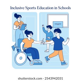 Inclusive sports education concept. Students with disabilities participate in school athletics as a coach encourages them. Accessibility and teamwork spirit. Vector illustration.