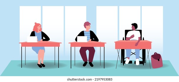 Inclusive students at desk in school lesson, flat vector stock illustration from student in wheelchair