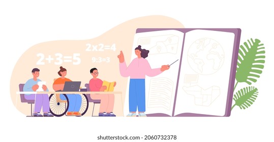 Inclusive study. Education child, school equality for children. with friends, inclusion class. Different students and teacher utter vector concept