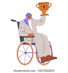 Conceito de sucesso inclusivo. Um homem de negócios em uma cadeira de rodas orgulhosamente segurando um troféu de vencedor. Realização e acessibilidade no mundo corporativo. Ilustração vetorial.